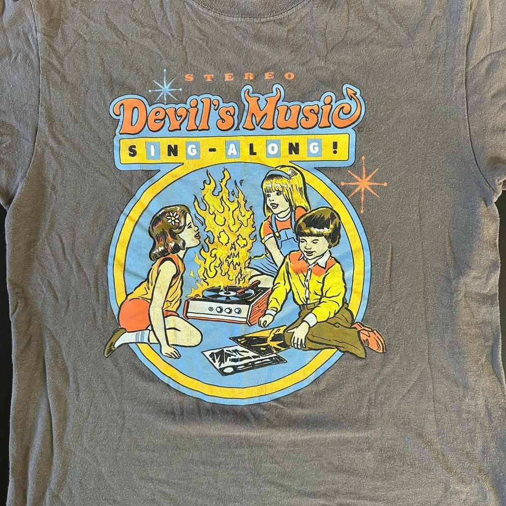 Devil's Music Sing-Along Graphic Tee — Charcoal with Yellow & Blue
